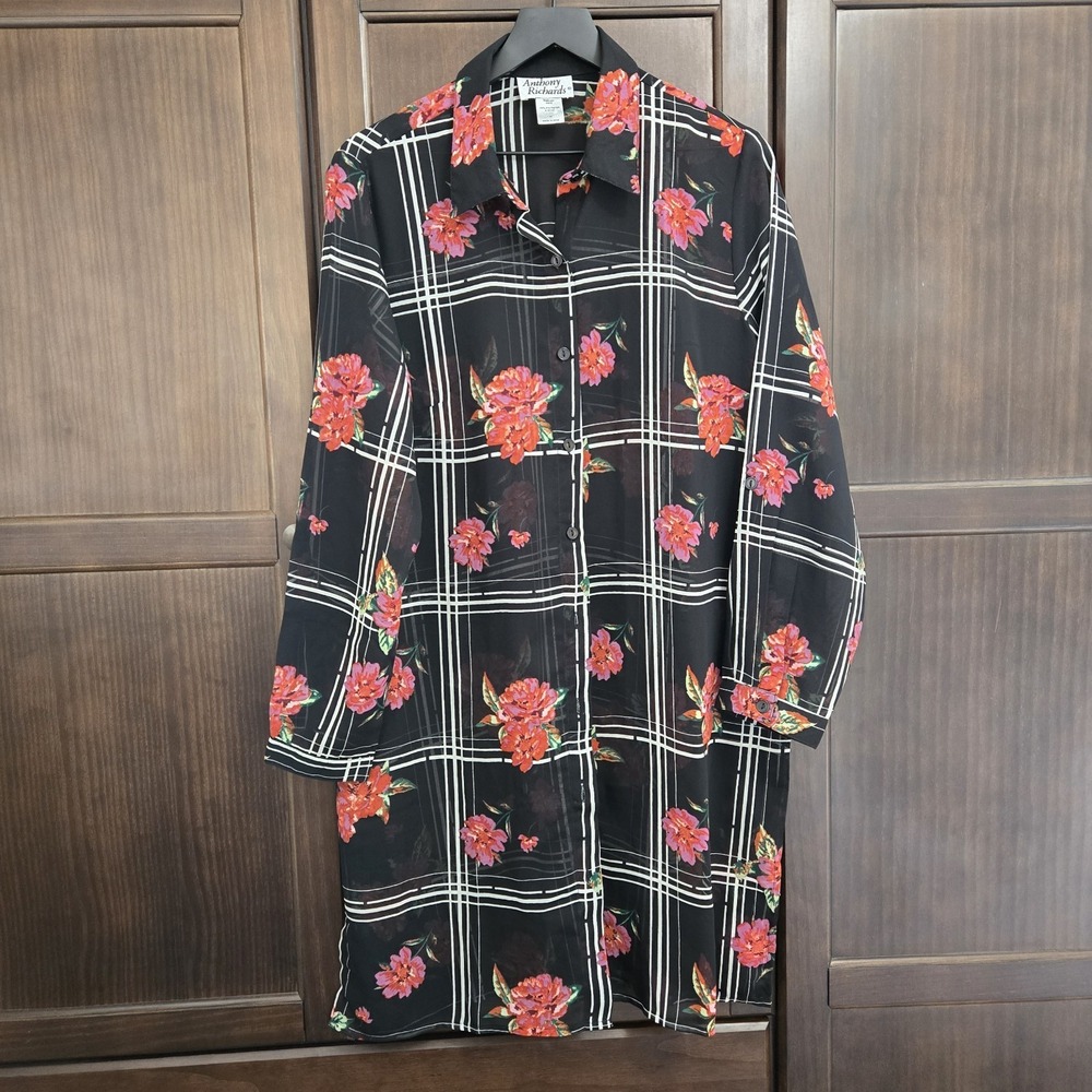 Vtg Anthony Richards Sheer‎ Shirt Dress Womens 12 Black Dark Floral Windowpane